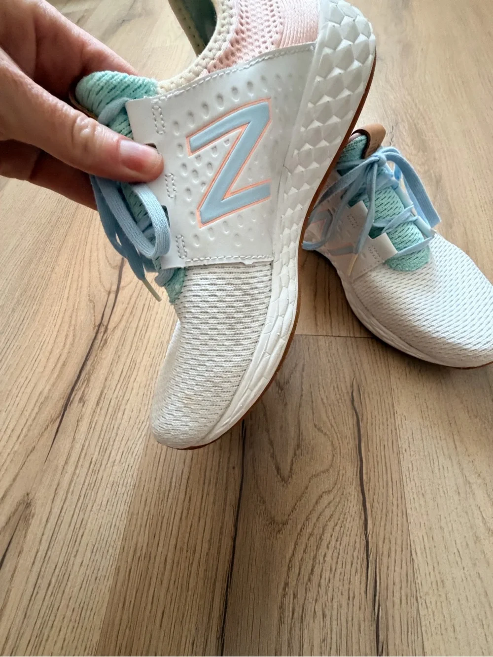 New Balance White Sneakers with Pastel Blue, Mint, and Peach Accents